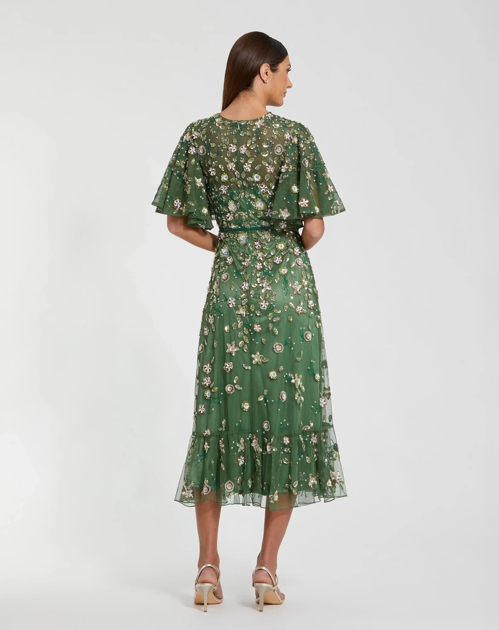 Mac Duggal 6162 Sage floral beaded mesh flutter sleeve midi dress - back