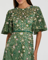 Mac Duggal 6162 Sage floral beaded mesh flutter sleeve midi dress - detail