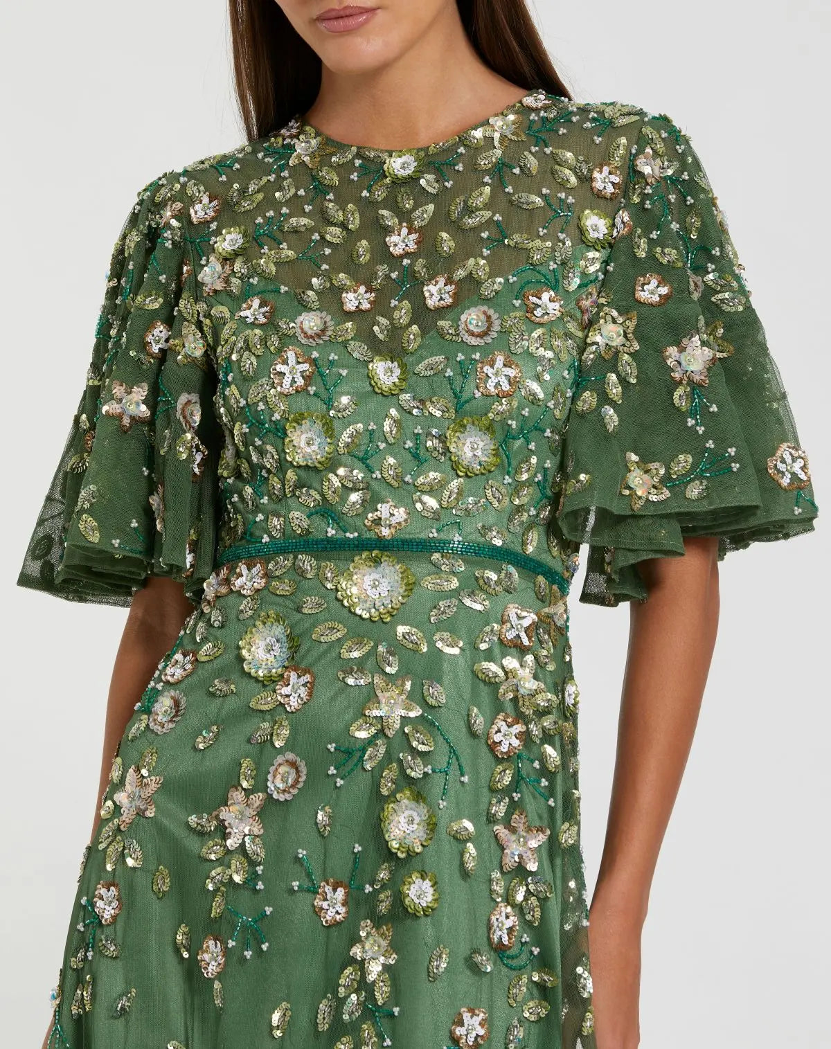 Mac Duggal 6162 Sage floral beaded mesh flutter sleeve midi dress - detail
