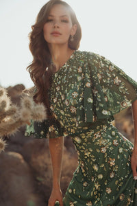 Mac Duggal 6162 Sage floral beaded mesh flutter sleeve midi dress - alternate view
