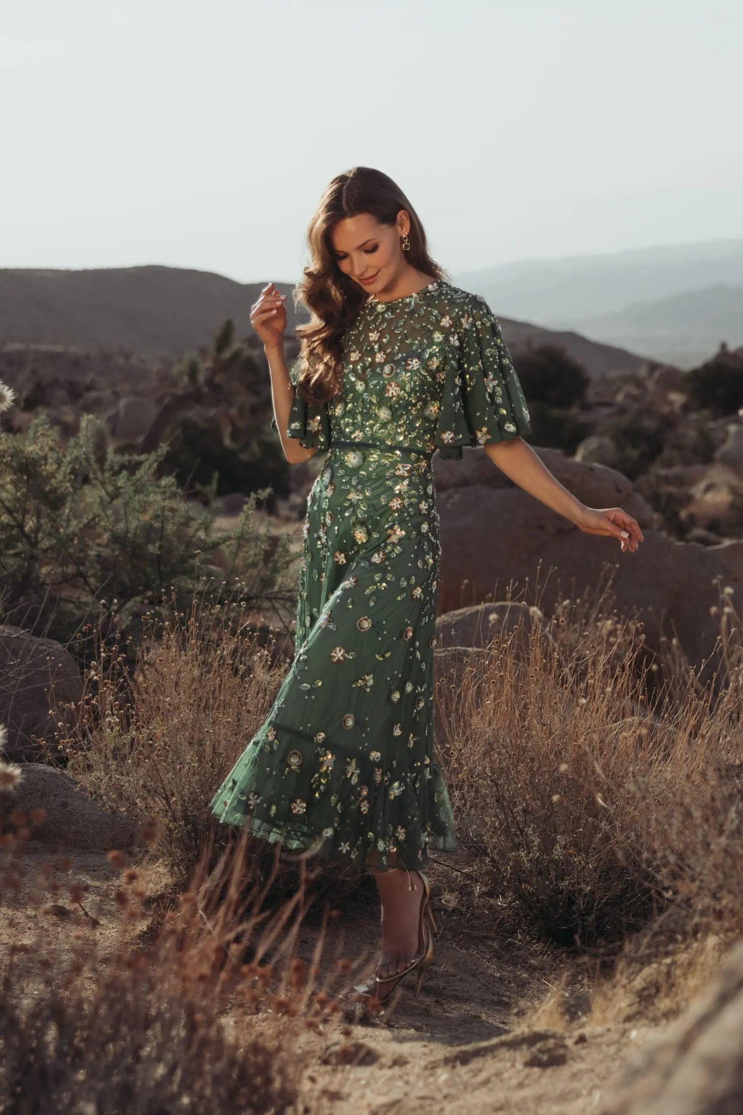 Mac Duggal 6162 Sage floral beaded mesh flutter sleeve midi dress