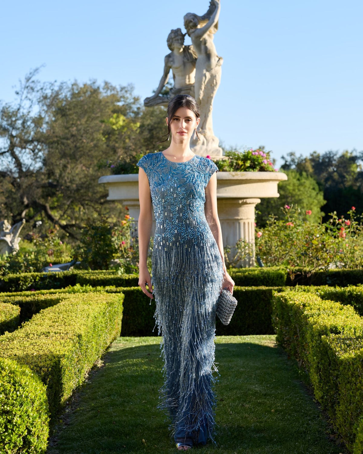 Mac Duggal Blue Embellished Cap Sleeve Gown With Fringe Beading Slate Blue #6169