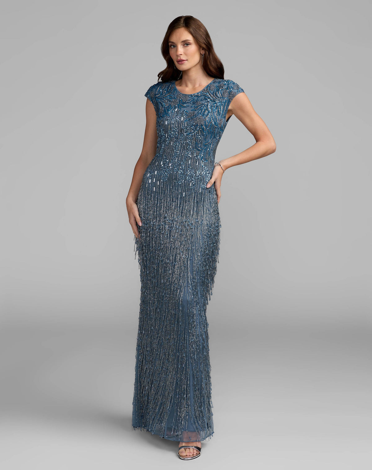 Mac Duggal Blue Embellished Cap Sleeve Gown With Fringe Beading Slate Blue #6169