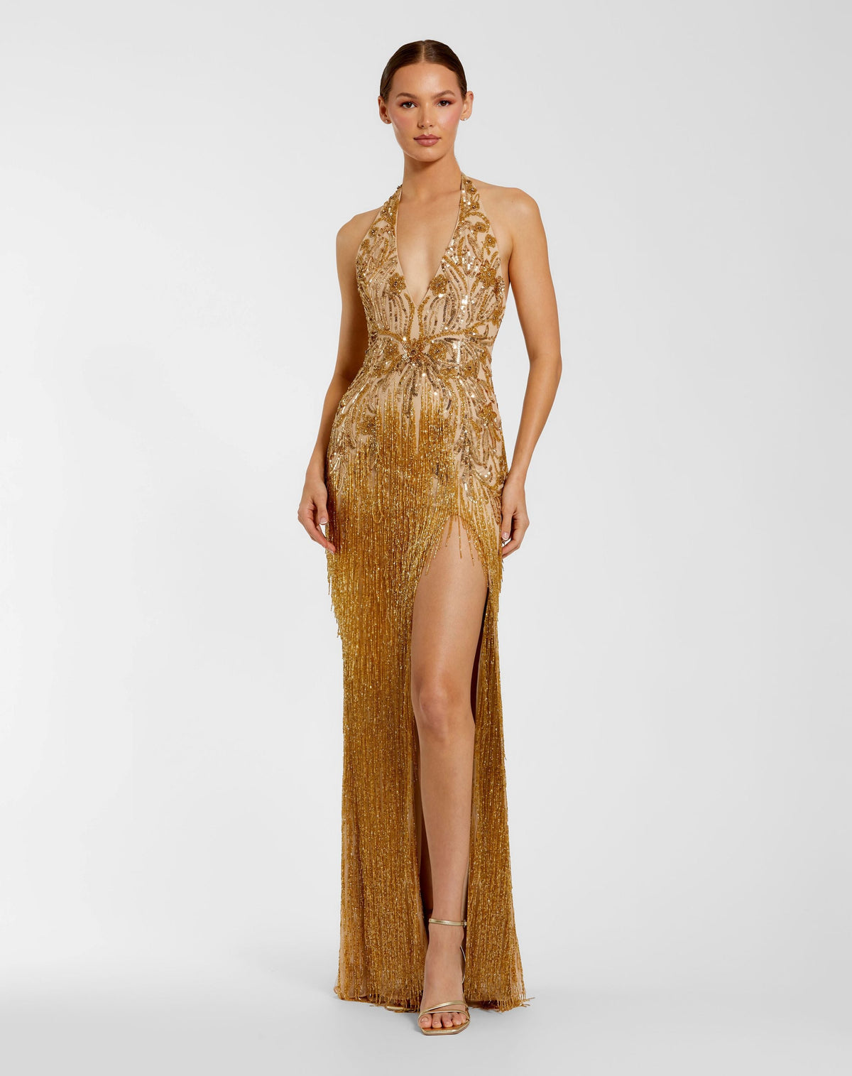 Mac Duggal 6170 gold embellished halter gown with beaded fringe — front