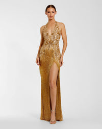 Mac Duggal 6170 gold embellished halter gown with beaded fringe — front