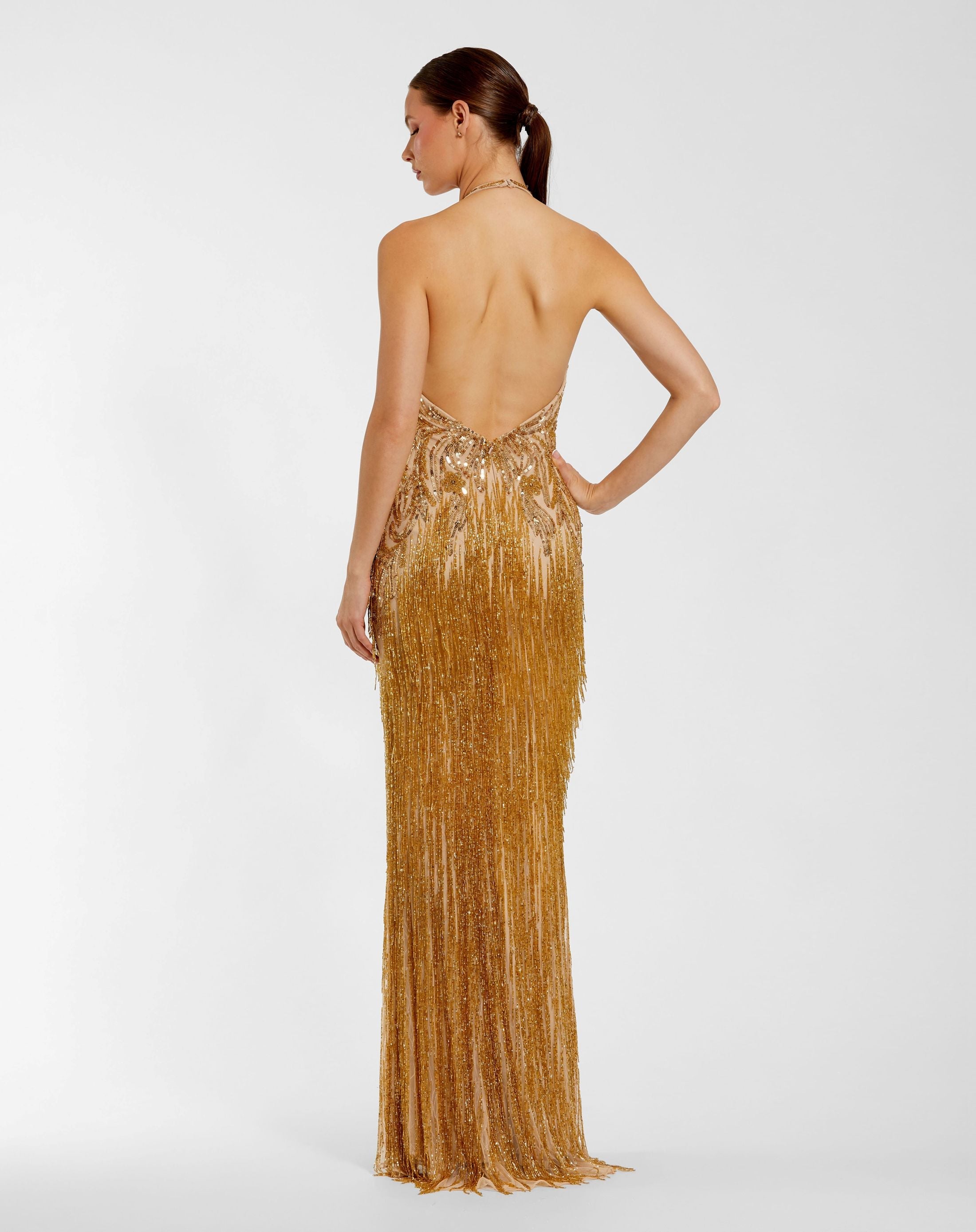 Gold Embellished Halter Gown With Beaded Fringe