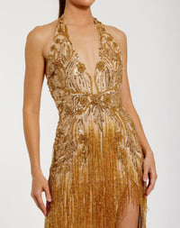 Gold Embellished Halter Gown With Beaded Fringe