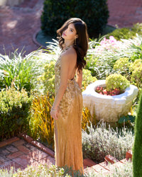 Gold Embellished Halter Gown With Beaded Fringe