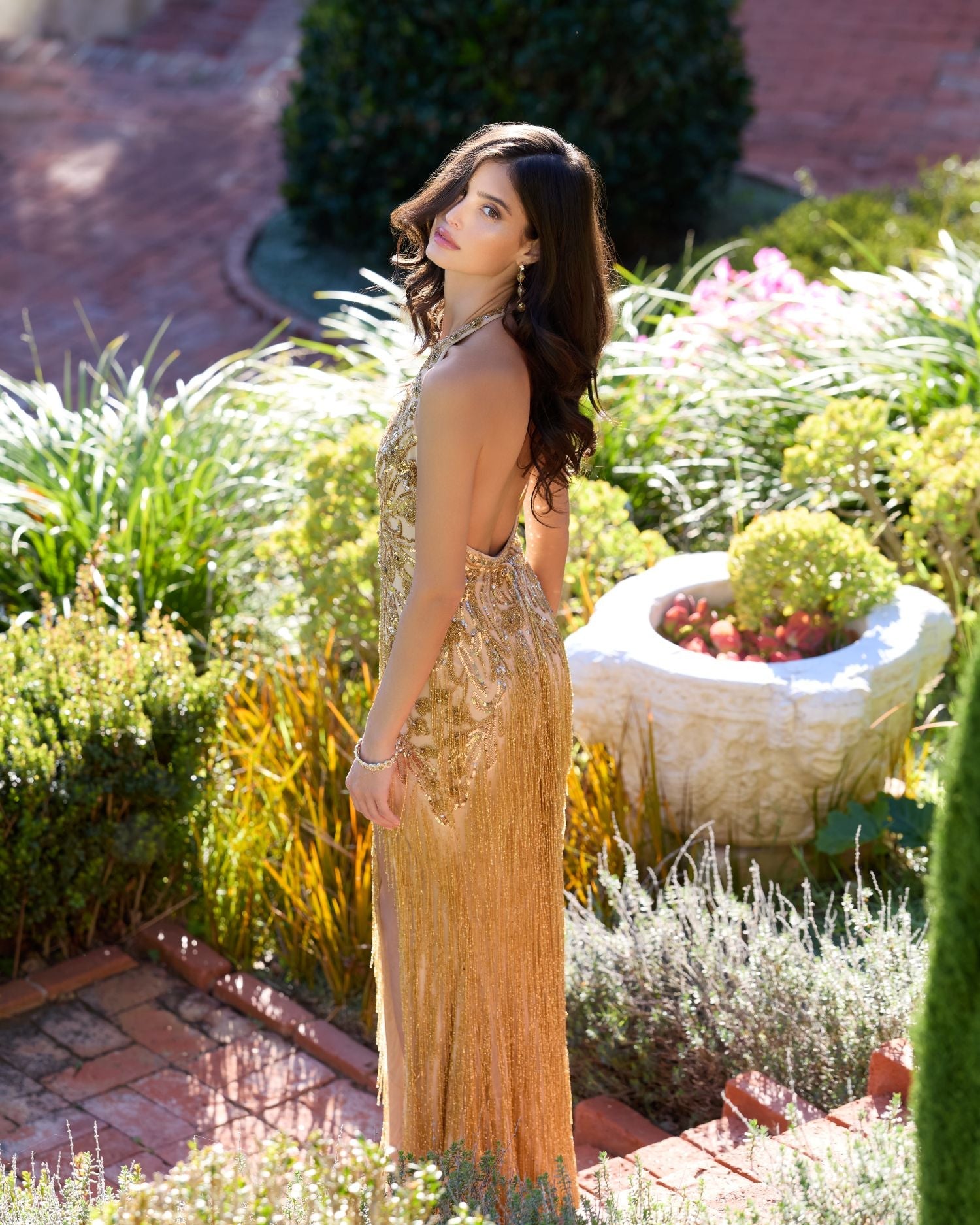 Gold Embellished Halter Gown With Beaded Fringe