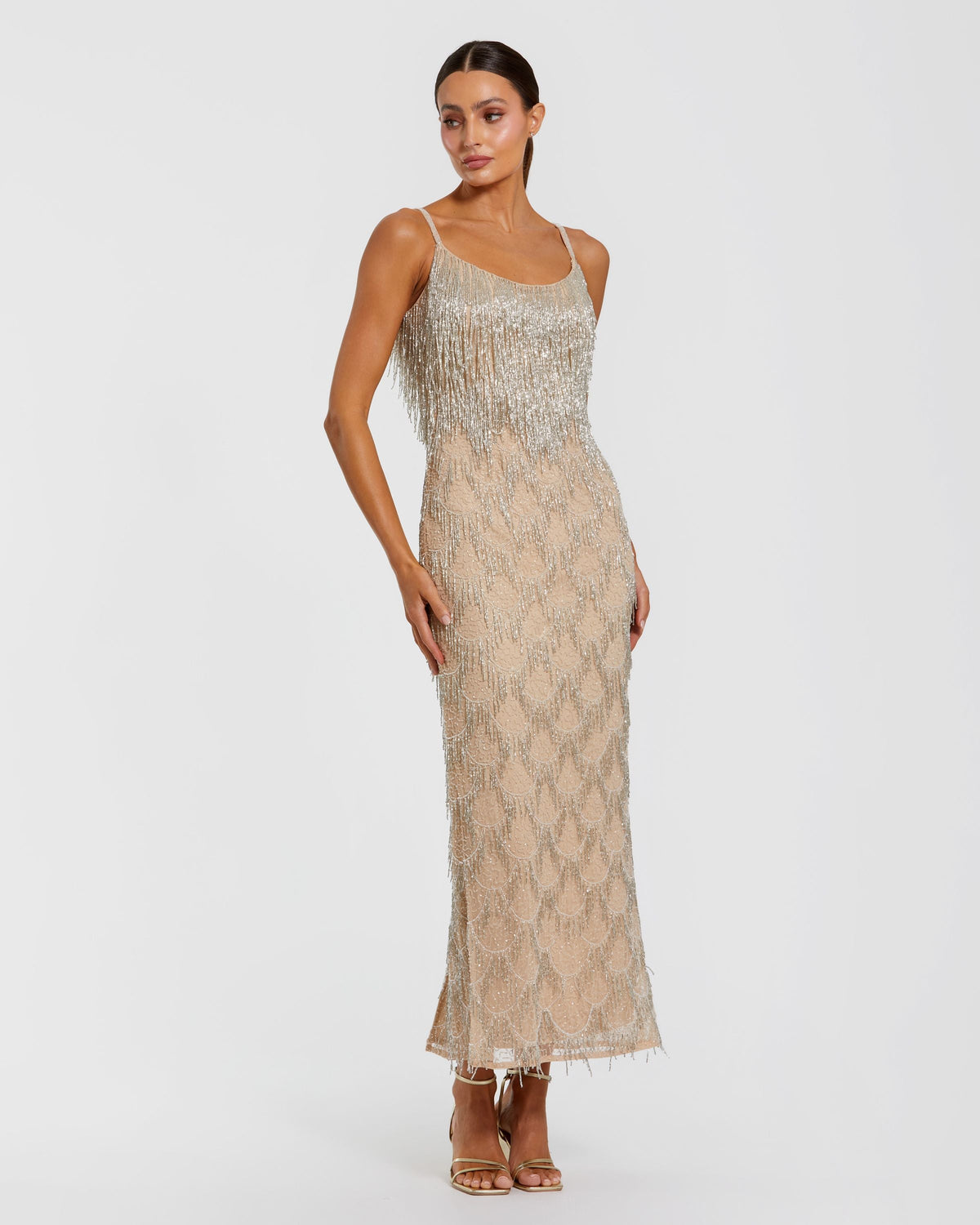 Mac Duggal 6172 nude silver beaded fringe column maxi dress — front