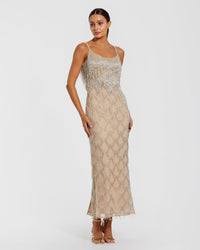 Mac Duggal 6172 nude silver beaded fringe column maxi dress — front