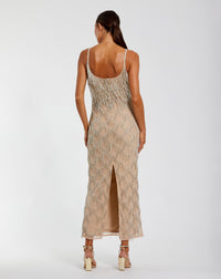 Nude Beaded Fringe Column Maxi Dress