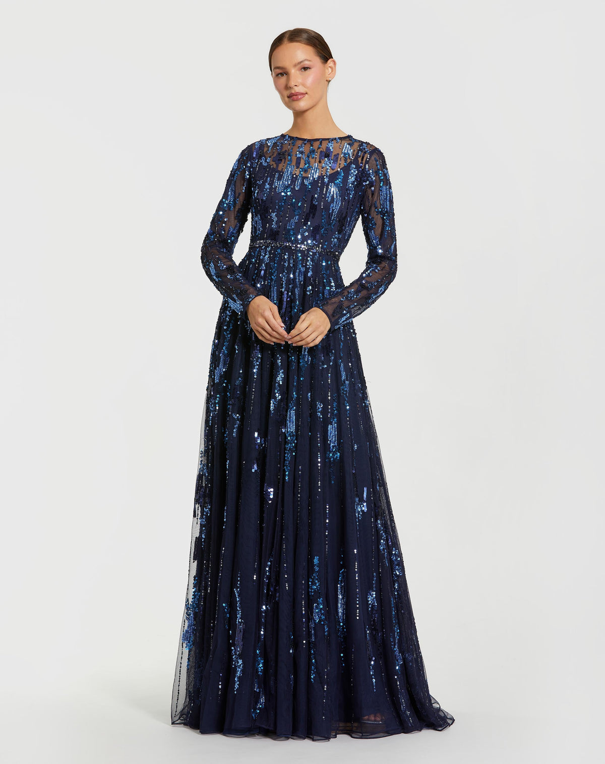 Mac Duggal 6181 Midnight long sleeve sequin embellished gown - front