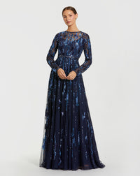 Mac Duggal 6181 Midnight long sleeve sequin embellished gown - front
