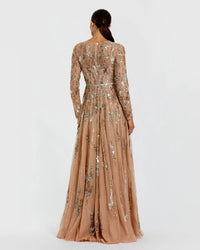Beige Long Sleeve Sequin Embellished Gown - Back