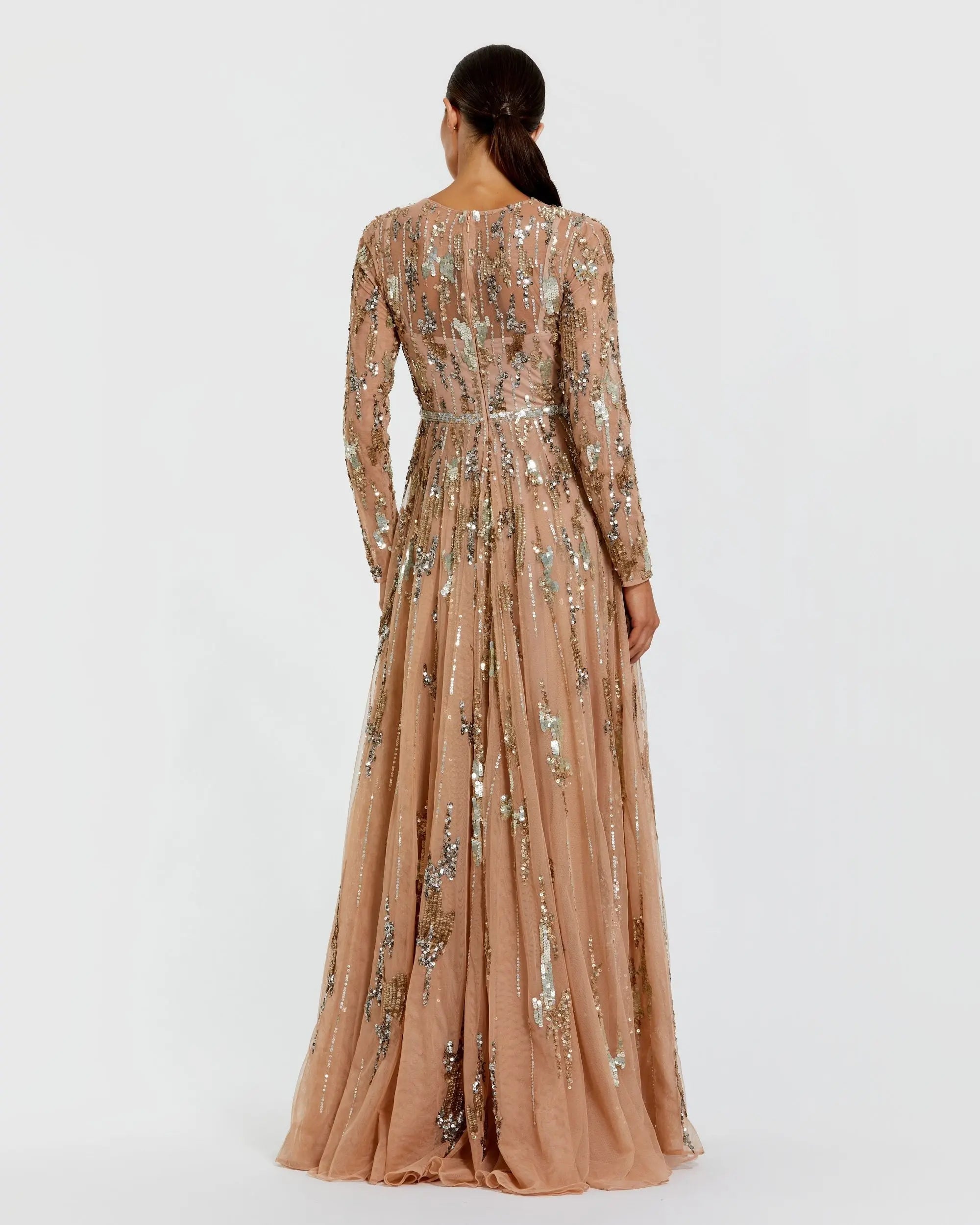 Beige Long Sleeve Sequin Embellished Gown - Back