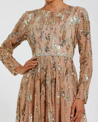 Beige Long Sleeve Sequin Embellished Gown - Close Up