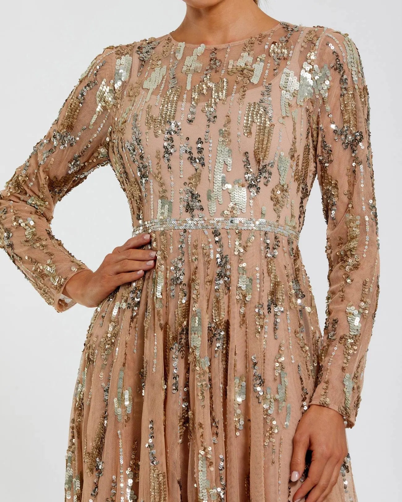 Beige Long Sleeve Sequin Embellished Gown - Close Up