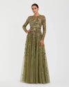 Mac Duggal Green Long Sleeve Hand Embellished Floral A-line Gown #6182