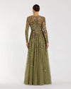 Long Sleeve Floral Embellished A-line Gown - Olive