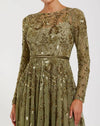 Long Sleeve Floral Embellished A-line Gown - Olive