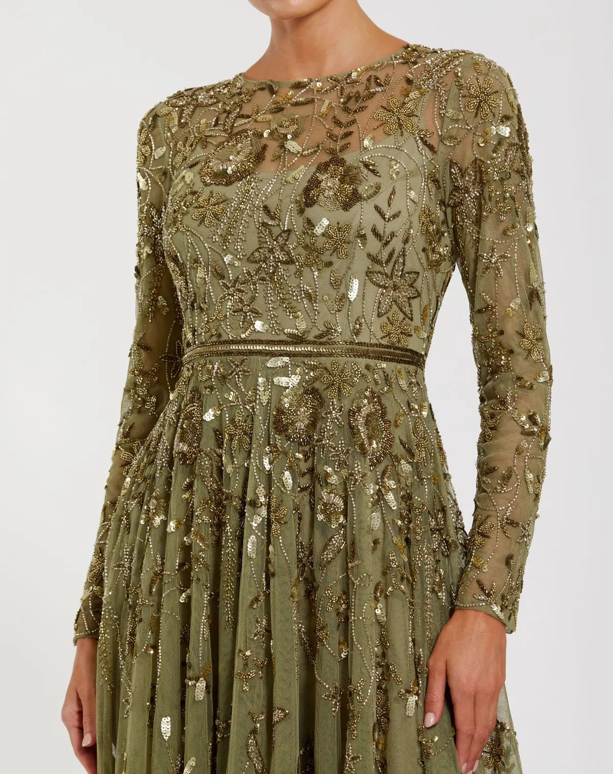 Long Sleeve Floral Embellished A-line Gown - Olive