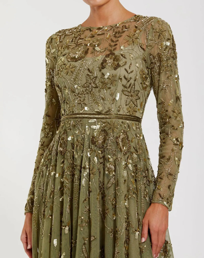 Long Sleeve Floral Embellished A-line Gown - Olive