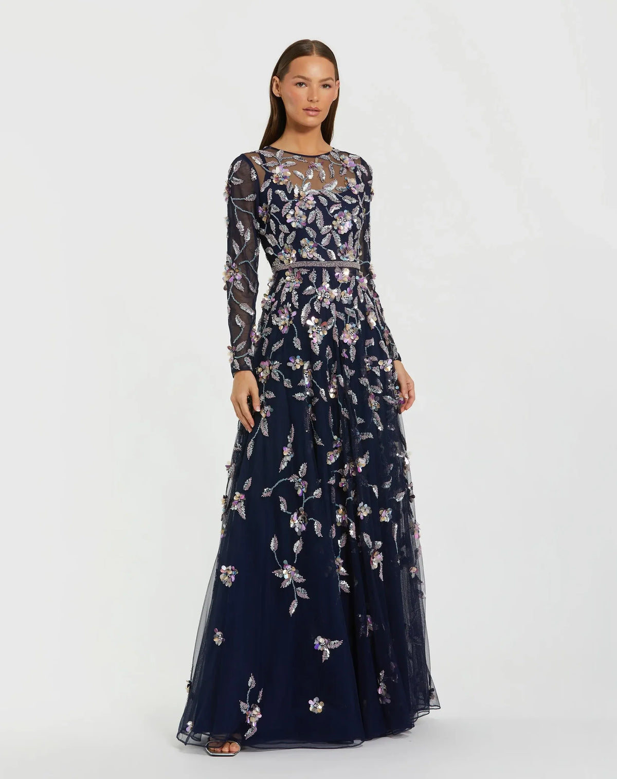 Mac Duggal 6183 Midnight Multi long sleeve mesh gown with beaded floral detail - front