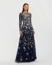 Mac Duggal 6183 Midnight Multi long sleeve mesh gown with beaded floral detail - front