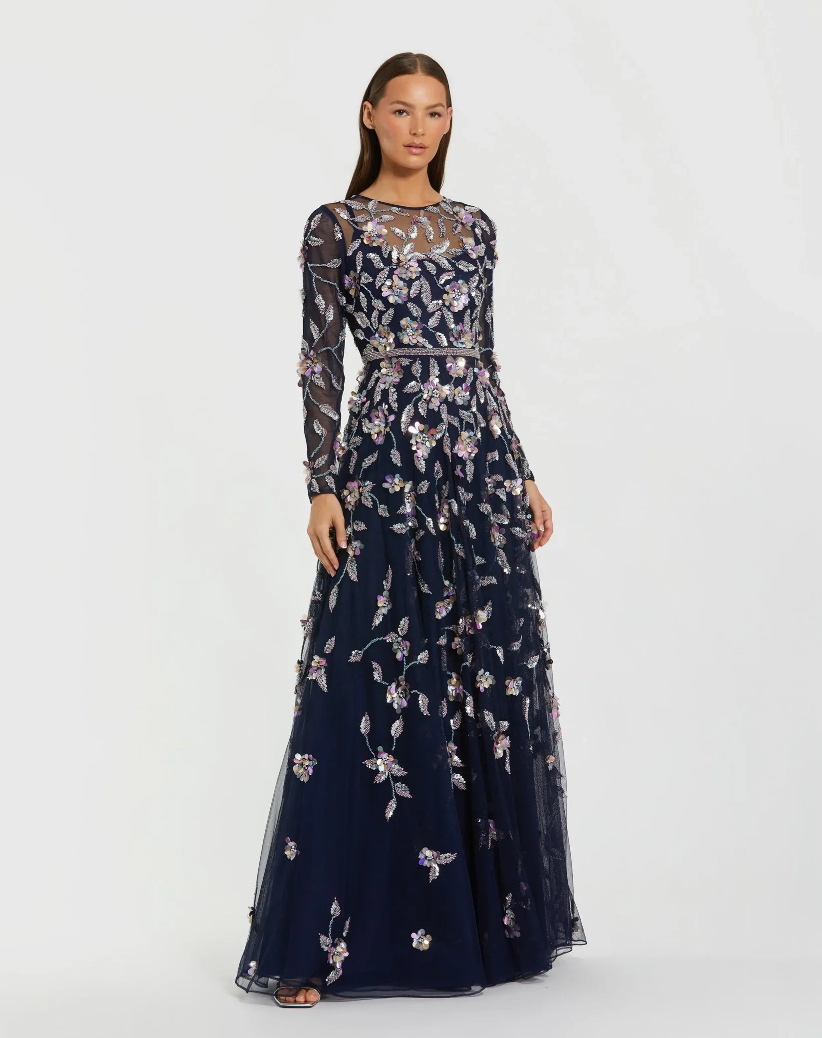 Mac Duggal 6183 Midnight Multi long sleeve mesh gown with beaded floral detail - front