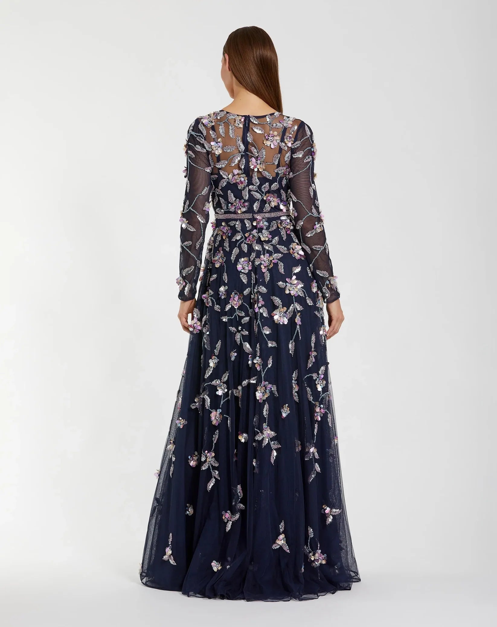 Mac Duggal 6183 Midnight Multi long sleeve mesh gown with beaded floral detail - back