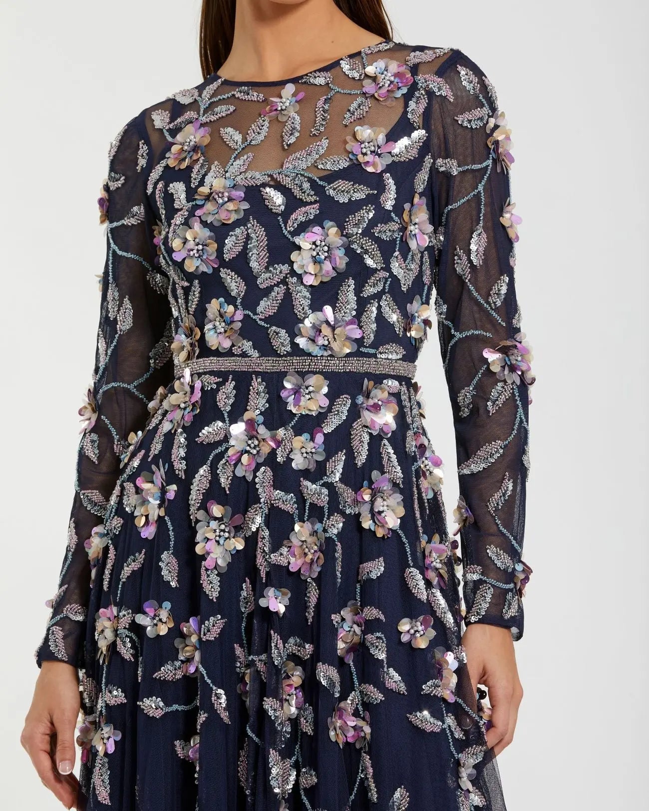Mac Duggal 6183 Midnight Multi long sleeve mesh gown with beaded floral detail - detail