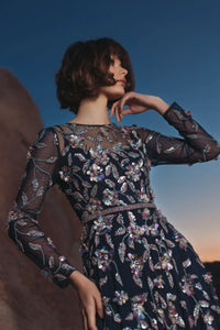 Mac Duggal 6183 Midnight Multi long sleeve mesh gown with beaded floral detail - side