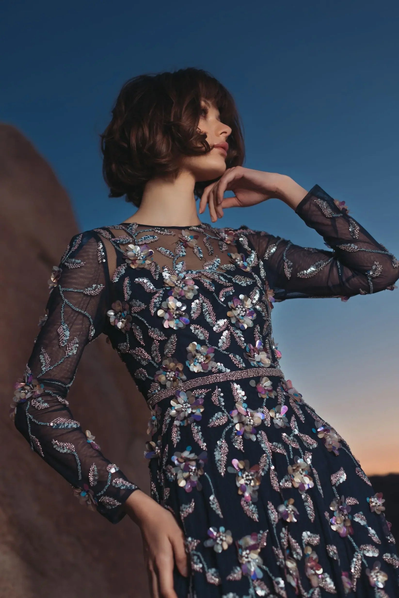 Mac Duggal 6183 Midnight Multi long sleeve mesh gown with beaded floral detail - side