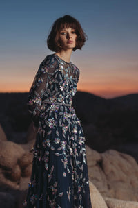 Mac Duggal 6183 Midnight Multi long sleeve mesh gown with beaded floral detail - alternate view