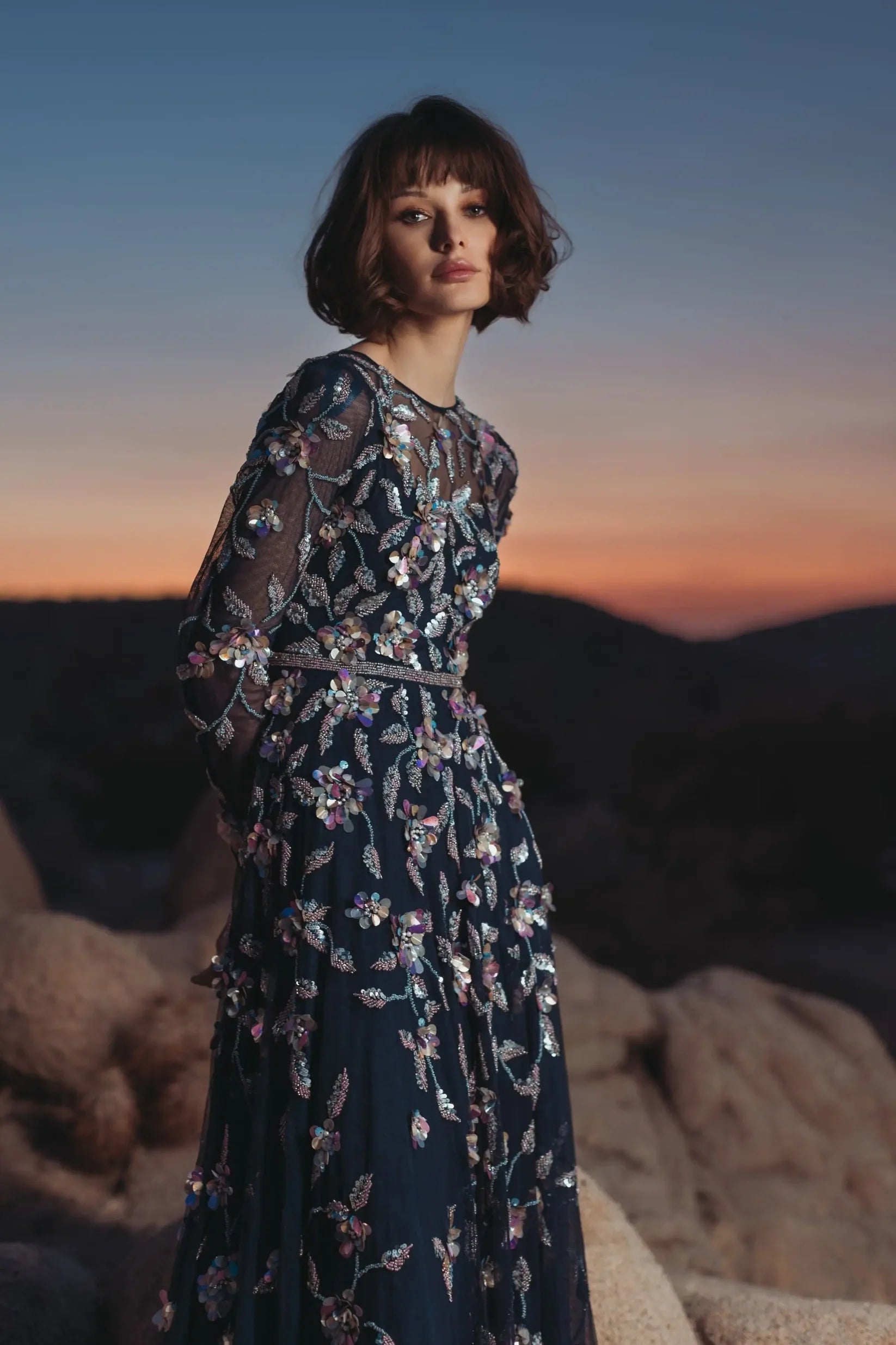Mac Duggal 6183 Midnight Multi long sleeve mesh gown with beaded floral detail - alternate view