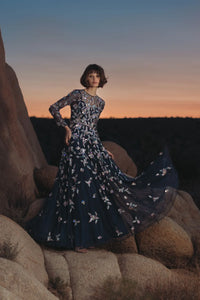 Mac Duggal 6183 Midnight Multi long sleeve mesh gown with beaded floral detail