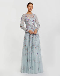 Mac Duggal 6183 Seafoam Multi long sleeve mesh gown with beaded floral detail - front