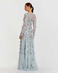 Mac Duggal 6183 Seafoam Multi long sleeve mesh gown with beaded floral detail - back