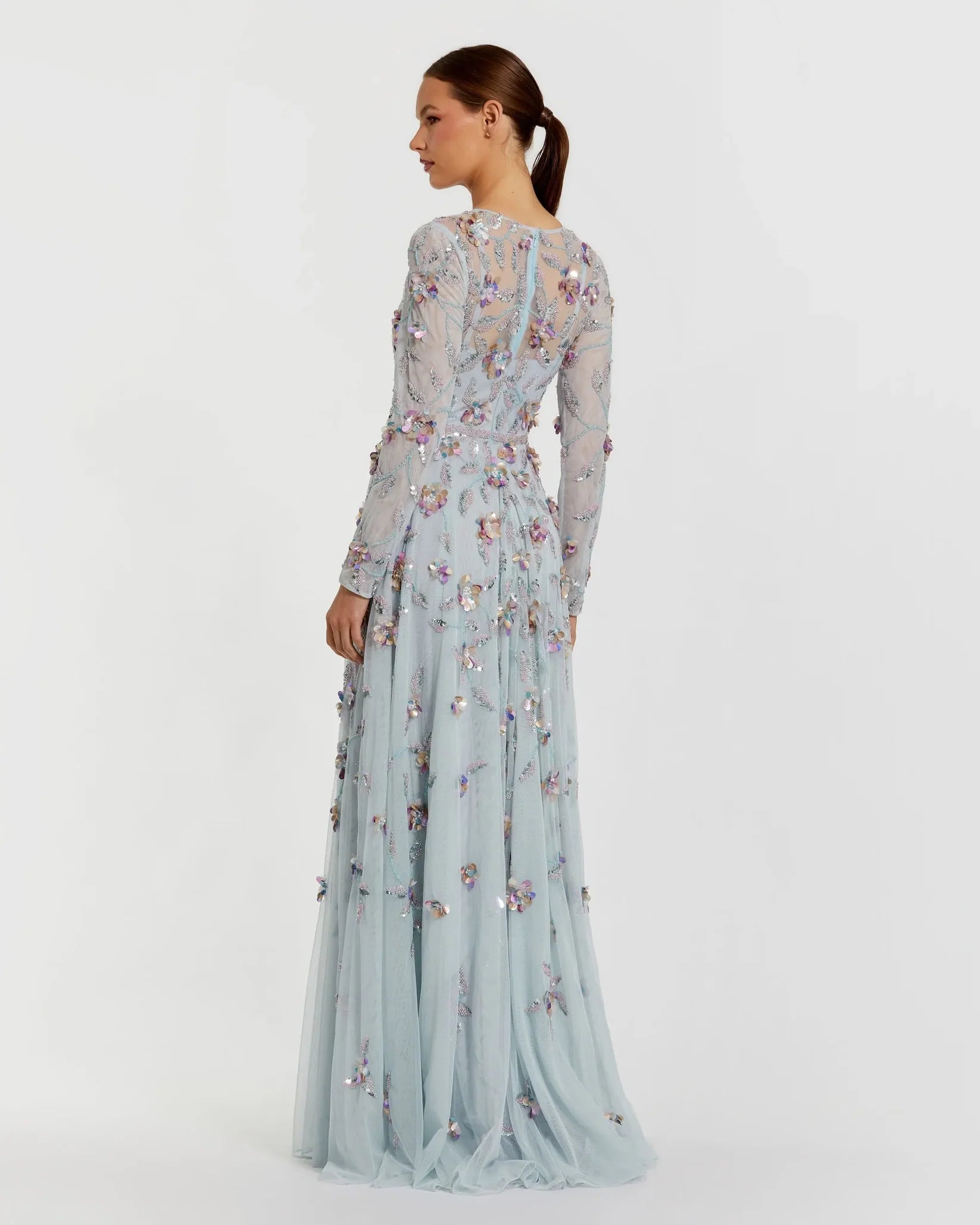 Mac Duggal 6183 Seafoam Multi long sleeve mesh gown with beaded floral detail - back