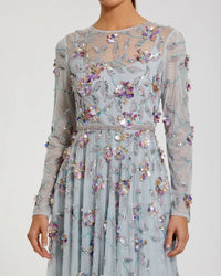 Mac Duggal 6183 Seafoam Multi long sleeve mesh gown with beaded floral detail - detail