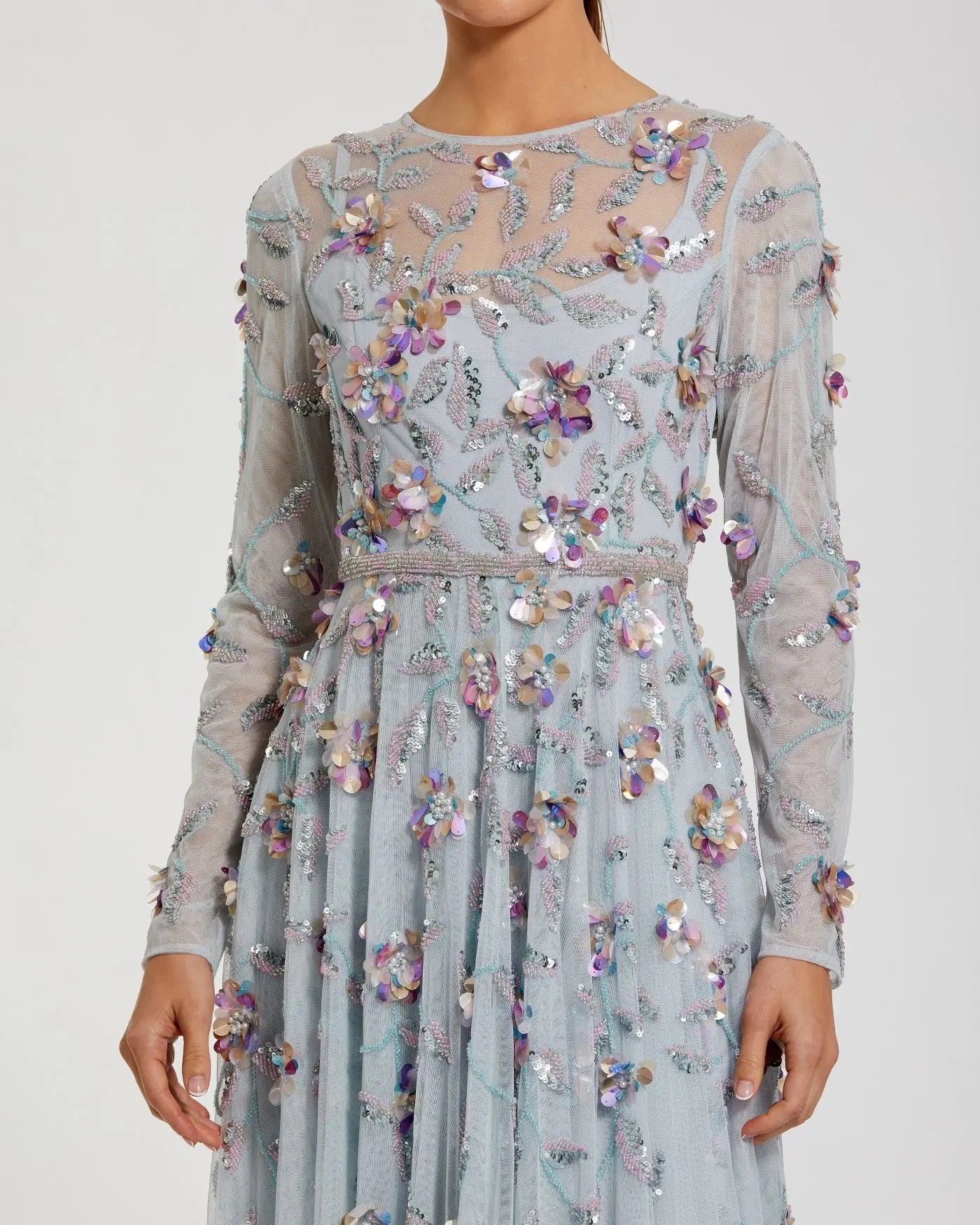 Mac Duggal 6183 Seafoam Multi long sleeve mesh gown with beaded floral detail - detail