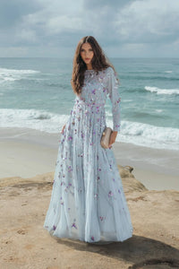 Mac Duggal 6183 Seafoam Multi long sleeve mesh gown with beaded floral detail