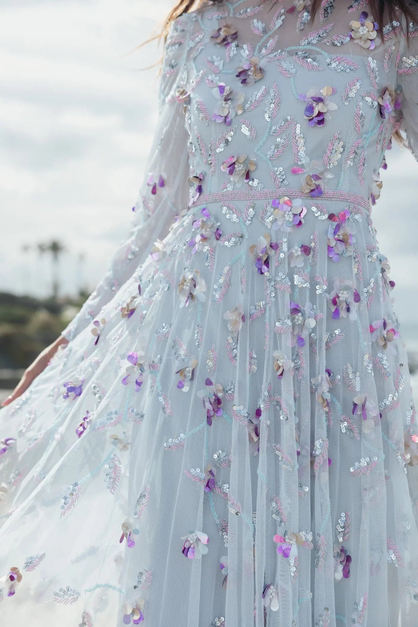 Mac Duggal 6183 Seafoam Multi long sleeve mesh gown with beaded floral detail - close-up