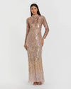 Long Sleeve Fringe Embellished Column Gown - Gold Silver