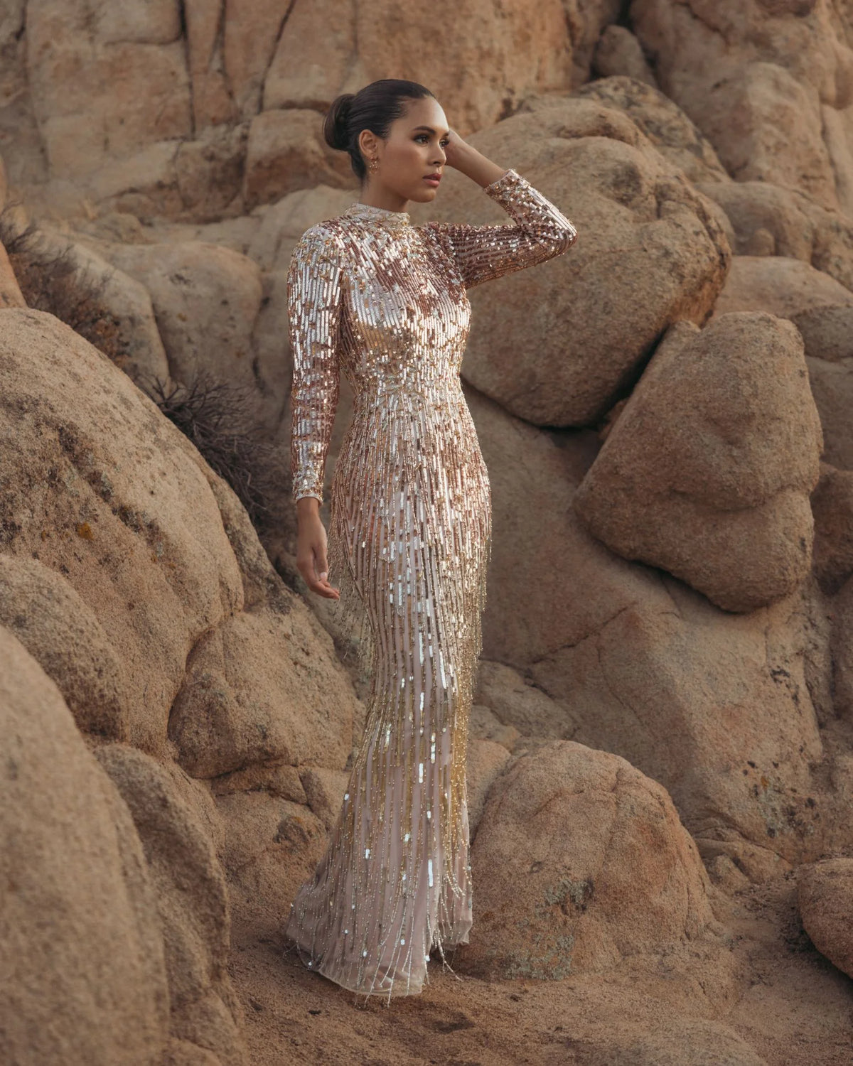 Mac Duggal Pink Long Sleeve Fringe Embellished Column Gown #6187