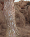 Long Sleeve Fringe Embellished Column Gown - Gold Silver