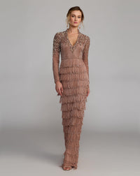 Brown Beaded Long Sleeve Fringe Column Gown
