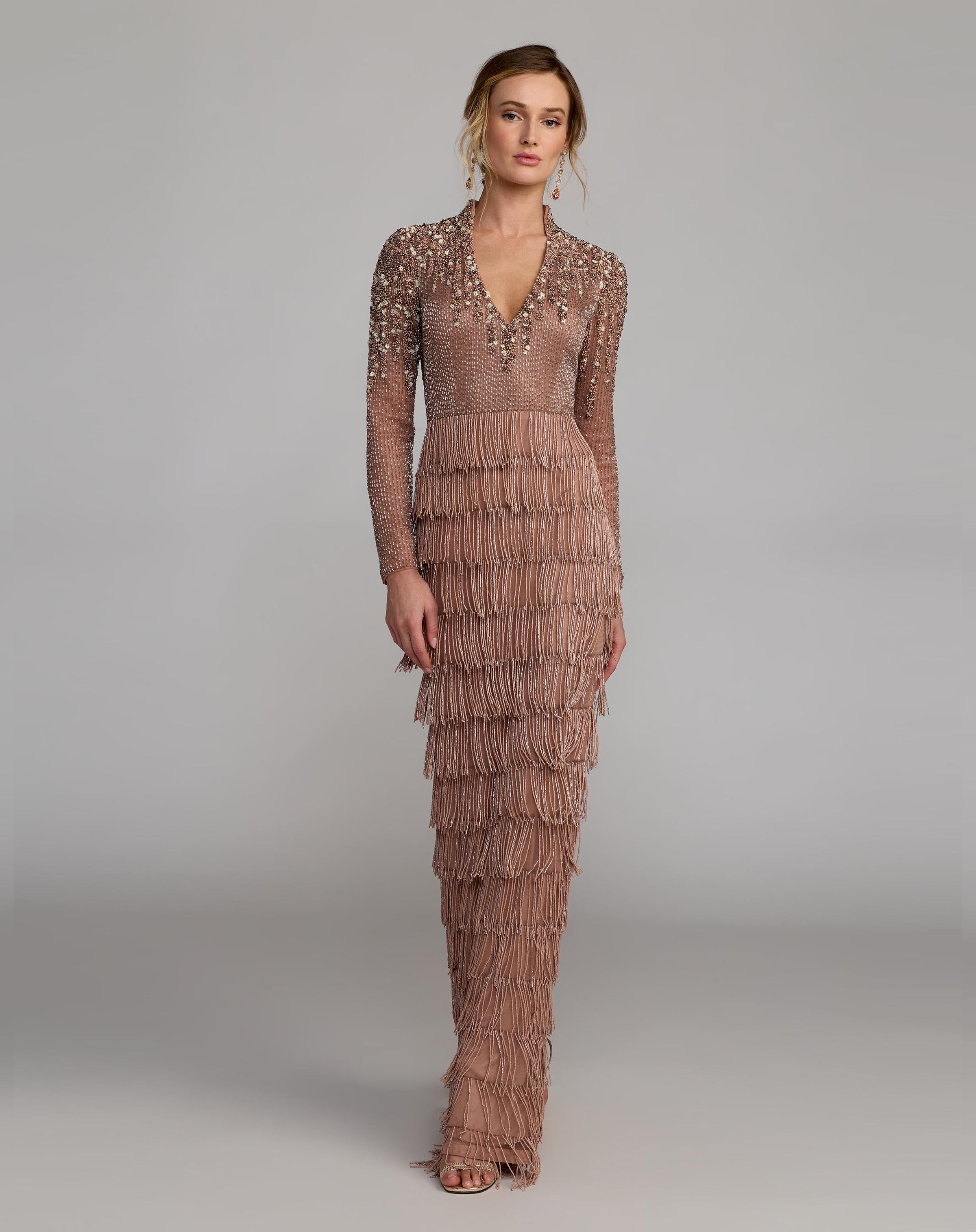 Brown Beaded Long Sleeve Fringe Column Gown