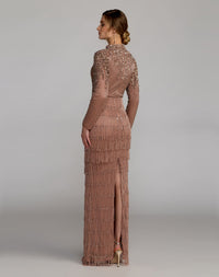 Brown Beaded Long Sleeve Fringe Column Gown